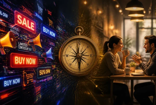 A split image showing the contrast between aggressive advertising noise and a genuine human connection over coffee.