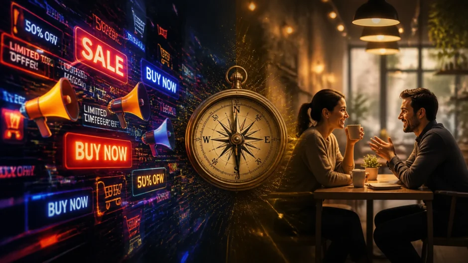 A split image showing the contrast between aggressive advertising noise and a genuine human connection over coffee.