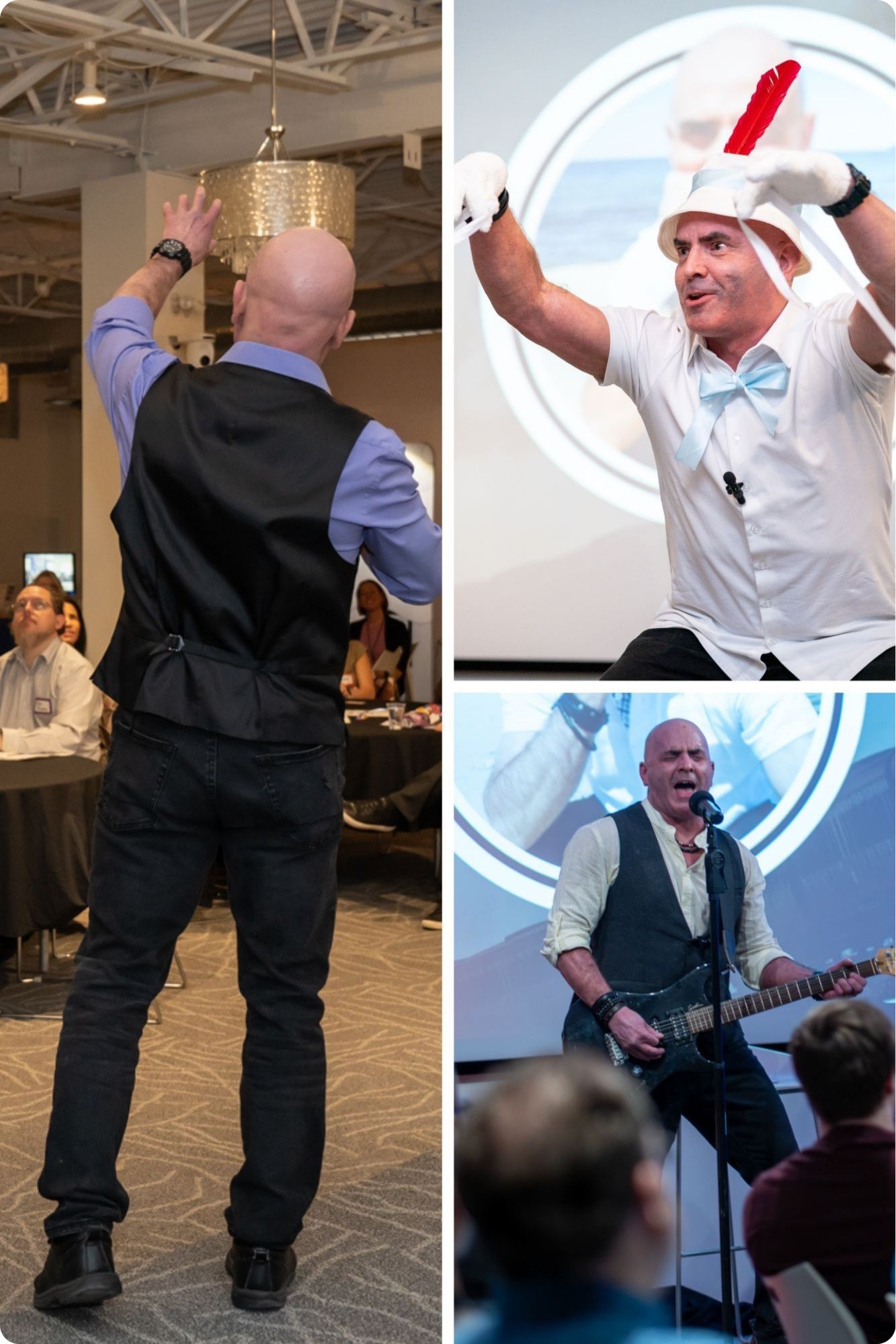 A collage of Kevin Bulmer (KB) on stage: dressed as Pinocchio with "no strings," playing electric guitar, and dramatically leading a crowd, illustrating his uniquely uplifting and dynamic speaking style.