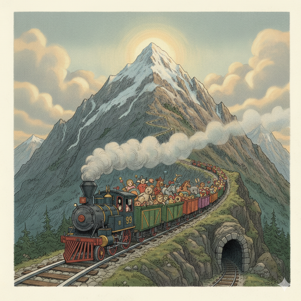 Illustration of the Little Engine That Could pulling a train of toys and animals, symbolizing the resilience and grit of the Little Engines REAL Success Support Community.