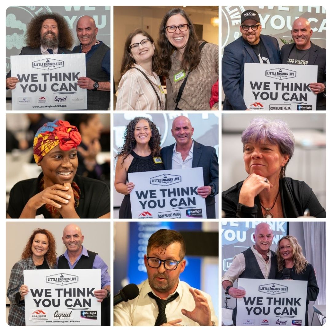 A collage of diverse entrepreneurs and leaders at a Little Engines LIVE event, featuring the 'We Think You Can' neon sign and a community focused on leading with dignity.