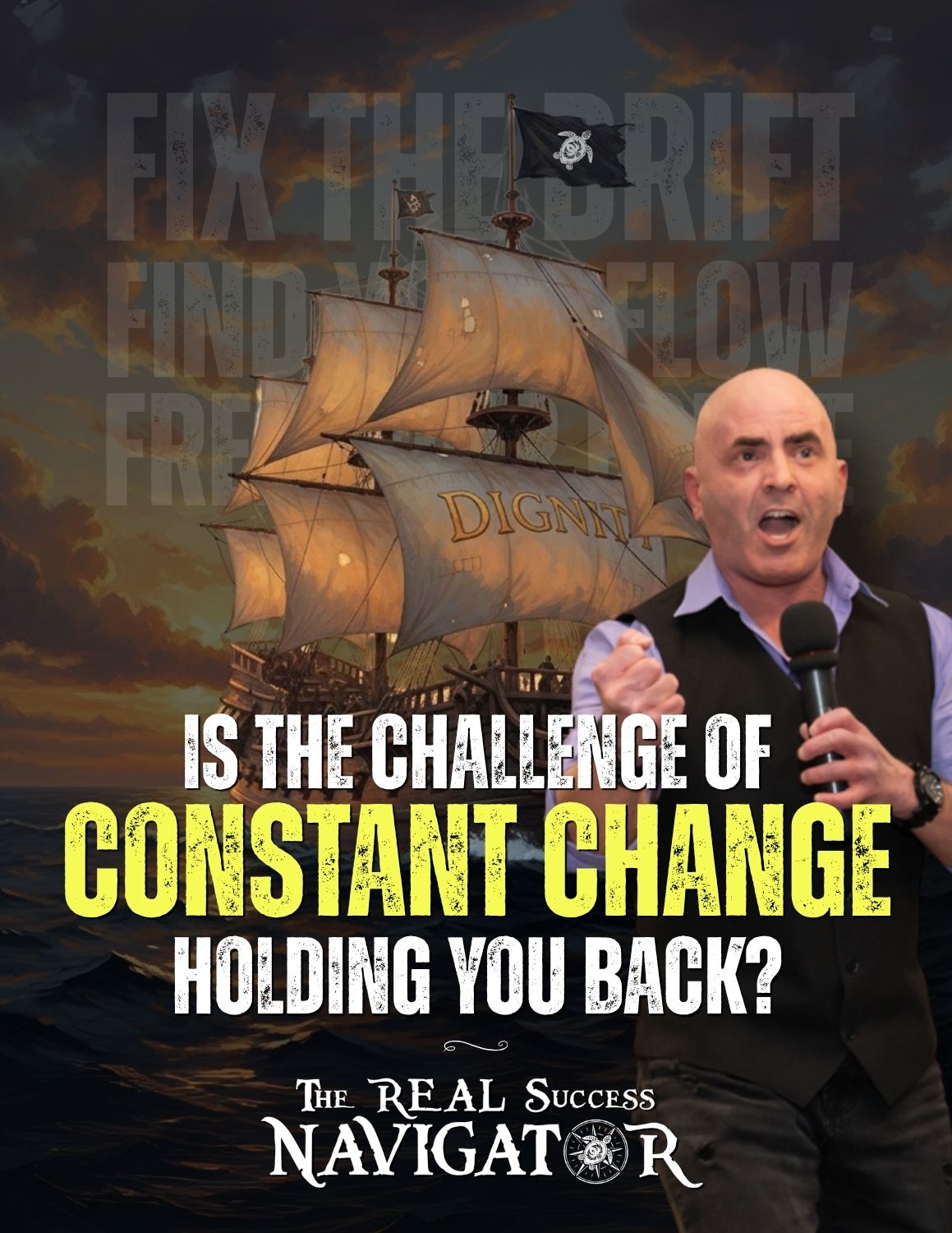 Keynote speaker Kevin Bulmer, the REAL Success Navigator, on his speaker introduction deck cover featuring the 'Dignity' ship metaphor for navigating change.
