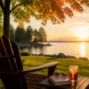 A wooden Adirondack chair sitting empty on a lawn overlooking a calm lake at sunset, with warm golden light reflecting across the water.