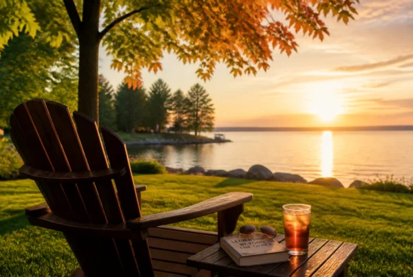 A wooden Adirondack chair sitting empty on a lawn overlooking a calm lake at sunset, with warm golden light reflecting across the water.