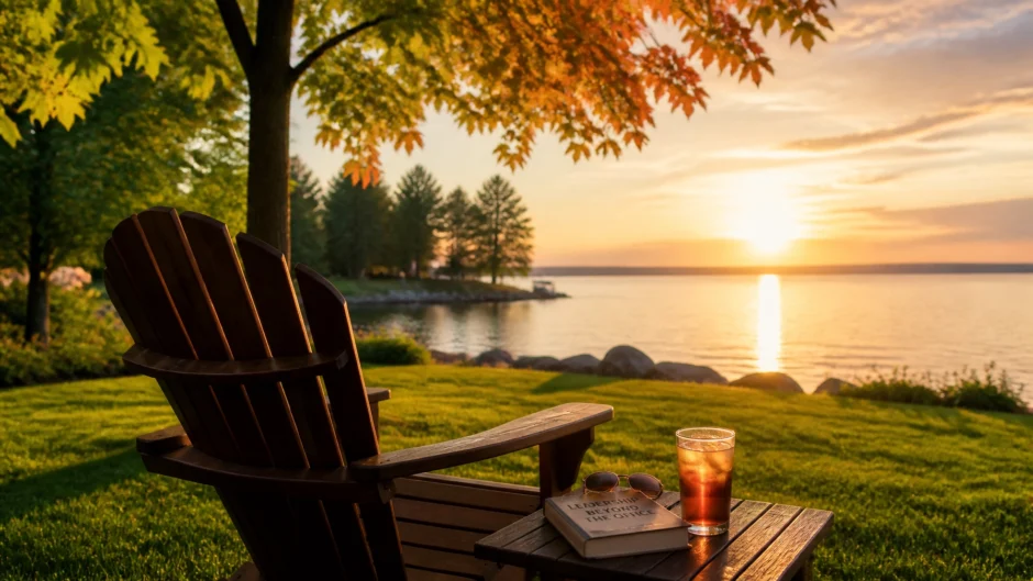 A wooden Adirondack chair sitting empty on a lawn overlooking a calm lake at sunset, with warm golden light reflecting across the water.