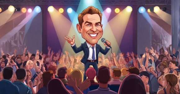 A cartoon caricature of a speaker on stage with an exaggeratedly giant head, standing under bright spotlights as a crowd cheers.