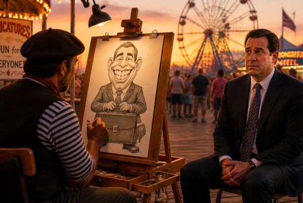 A businessman in a suit watching a carnival artist draw an exaggerated caricature of him at sunset.