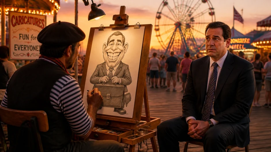 A businessman in a suit watching a carnival artist draw an exaggerated caricature of him at sunset.