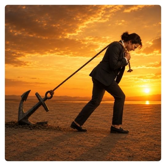 A professionally dressed woman pulling a heavy boat anchor across the sand by a rope slung over her shoulder at sunset, illustrating the weight of what's holding her back and the invitation to join the REAL Success Crew and cut the anchor line.