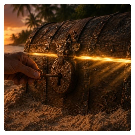 A hand turning a key in the lock of an old pirate treasure chest half-buried in the sand at sunset on a tropical island, with golden light glowing from inside the chest—symbolizing unlocking access to the tools, community, and alignment waiting inside the REAL Success Crew membership.