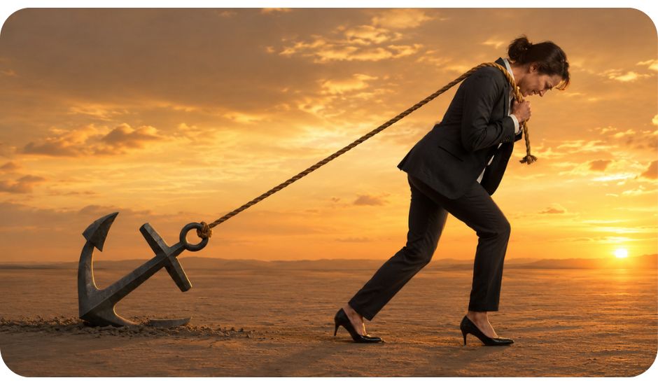 Professionally dressed woman dragging a heavy anchor across the sand with a rope over her shoulder, symbolizing how unresolved pain can weigh us down while navigating change.