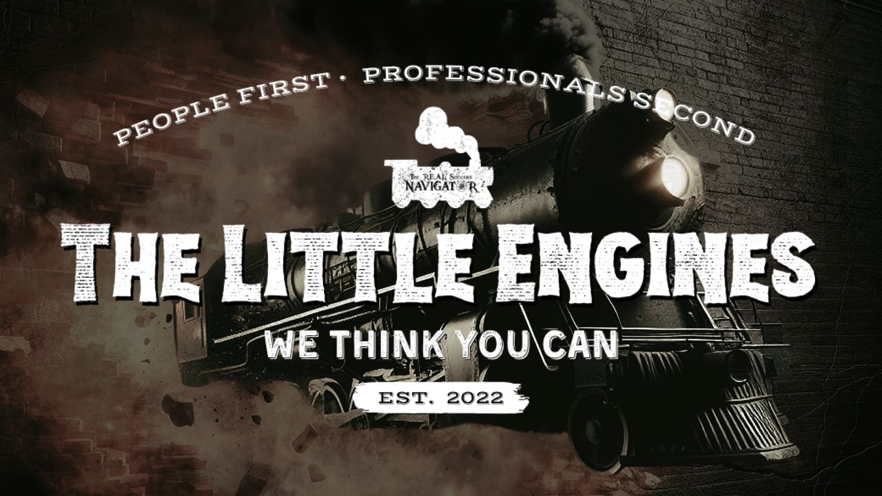 A slide for the Little Engines REAL Success Support Community — with the tagline "People First, Professionals Second" and "We Think You Can" — representing the free online community, established in 2022, built around connection and collaboration.
