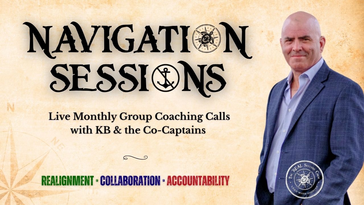 Kevin Bulmer standing beside the headline "Realignment Collaboration and Accountability Coaching Calls," promoting the live monthly Navigation Sessions included with the REAL Success Crew membership.