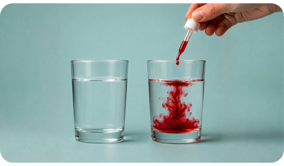 Two glasses of water showing how a drop of dark red food colouring changes clear water, illustrating how pain can cloud clarity and affect the way we experience change.