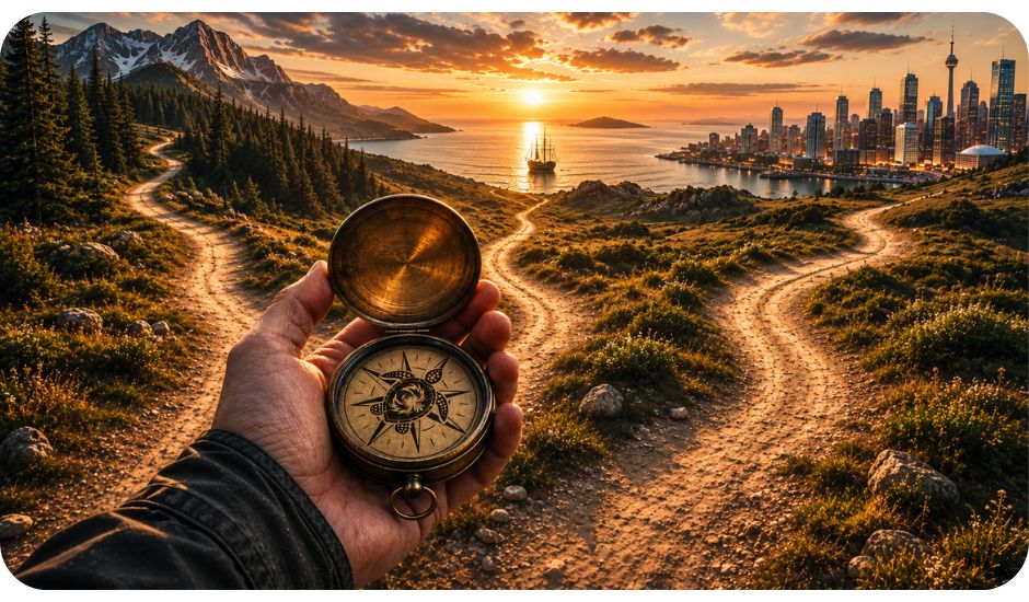 Hand holding a REAL Success Navigator compass showing three paths toward mountain terrain, a busy city, and a harbour with a dignity-flagged sailboat.