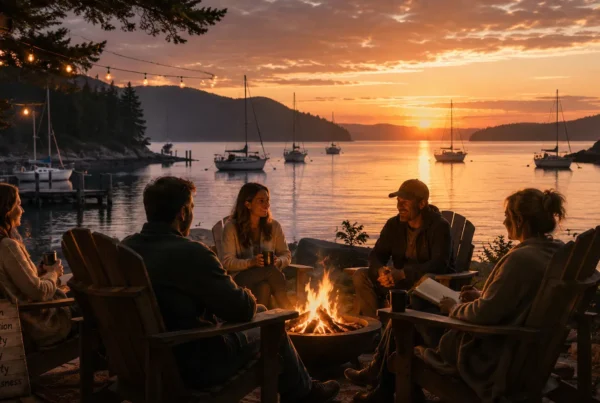 Group of people gathered around a campfire beside a harbour at sunset, representing connection, collaboration, community, curiosity, creativity, and consciousness.