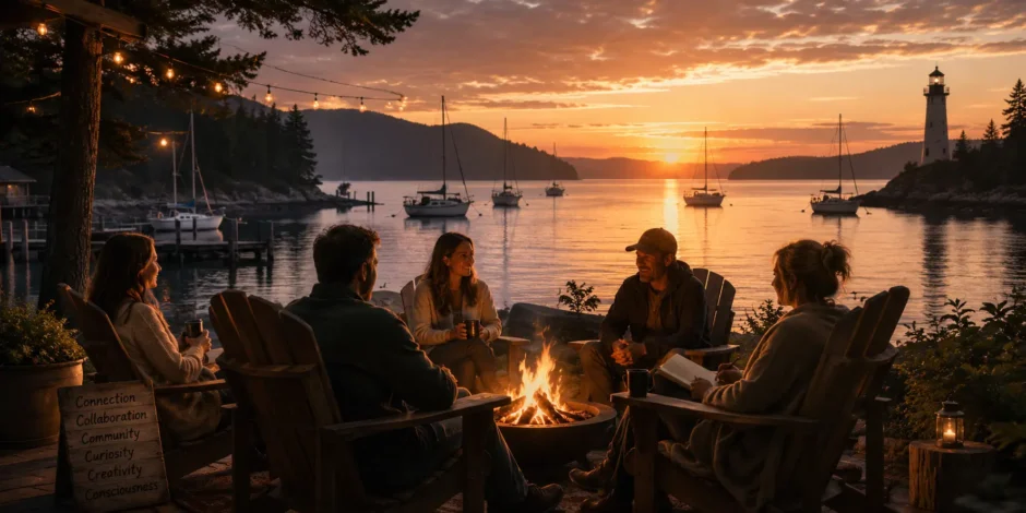 Group of people gathered around a campfire beside a harbour at sunset, representing connection, collaboration, community, curiosity, creativity, and consciousness.