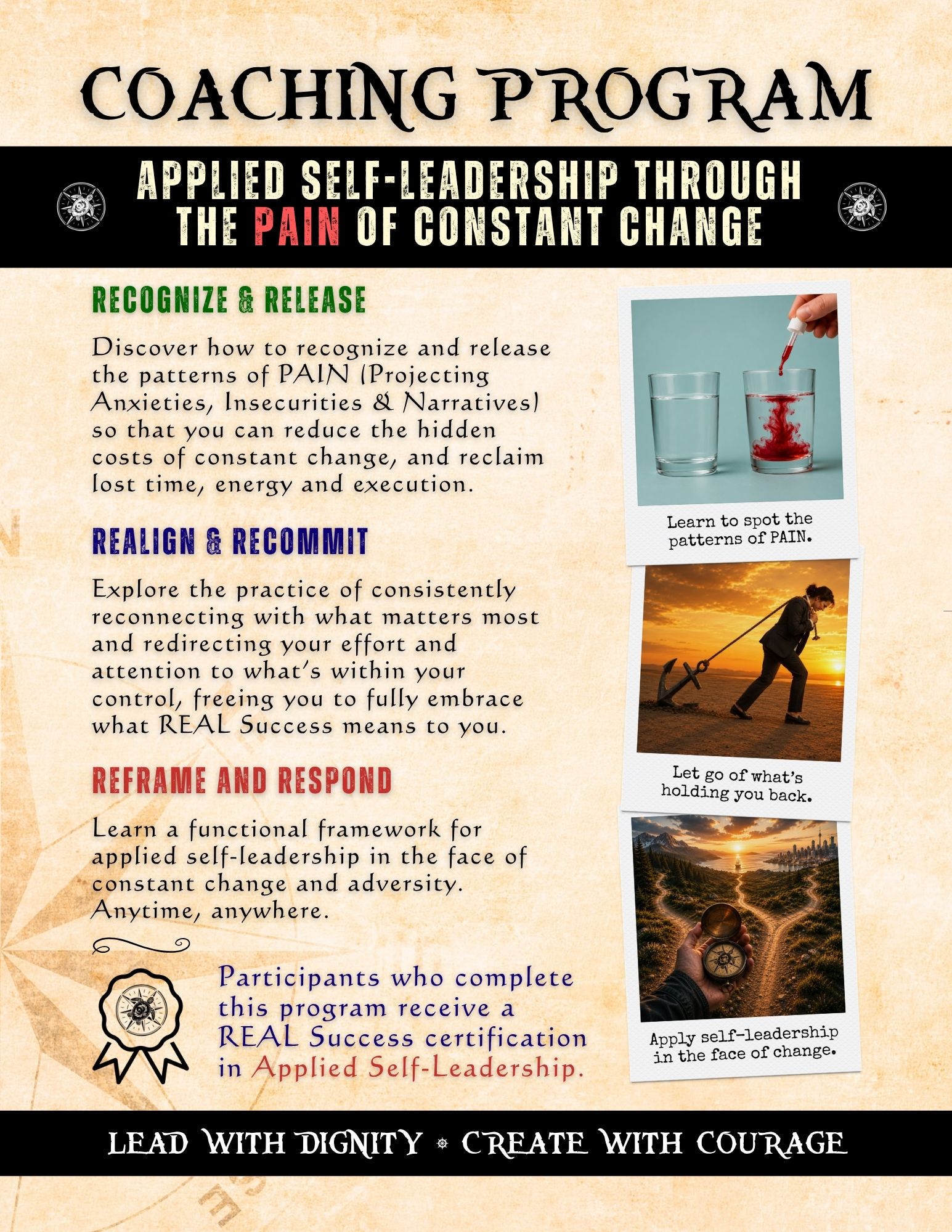One-sheet promoting Kevin Bulmer’s Navigating Change: The Pain Problem half-day group coaching session and REAL Success Certification experience.