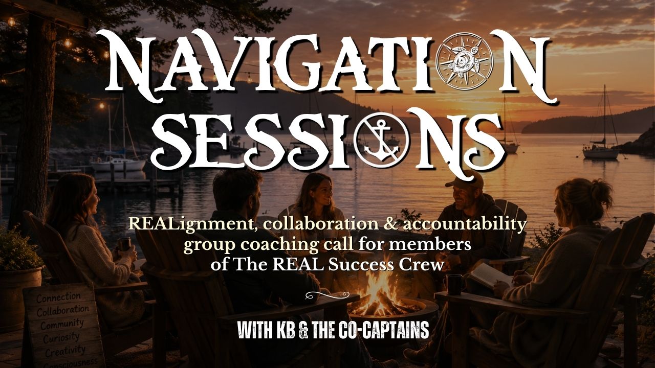 The headline "Realignment Collaboration and Accountability Coaching Calls," promoting the live monthly Navigation Sessions included with the REAL Success Crew membership.